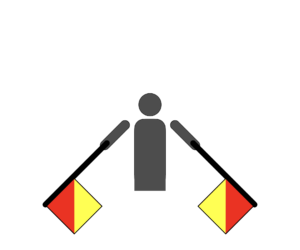 Flag semaphore indicating the letter N.