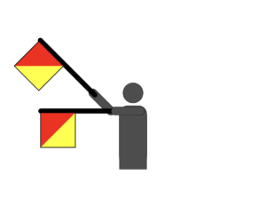 Flag semaphore indicating the letter O.