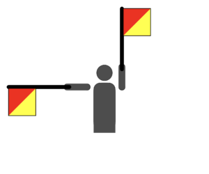 Flag semaphore indicating the letter P.