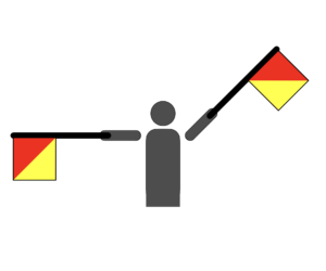 Flag semaphore indicating the letter Q.