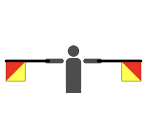 Flag semaphore indicating the letter R.