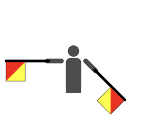 Flag semaphore indicating the letter S.