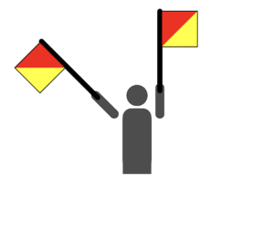 Flag semaphore indicating the letter T.