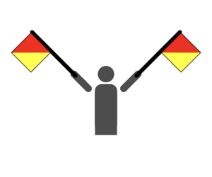 Flag semaphore indicating the letter U.