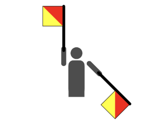 Flag semaphore indicating the letter V.