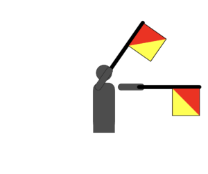 Flag semaphore indicating the letter W.