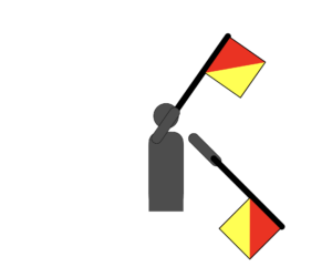 Flag semaphore indicating the letter X.