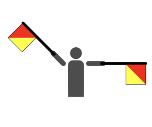 Flag semaphore indicating the letter Y.