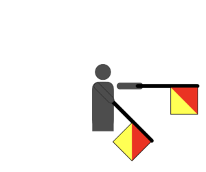 Flag semaphore indicating the letter Z.